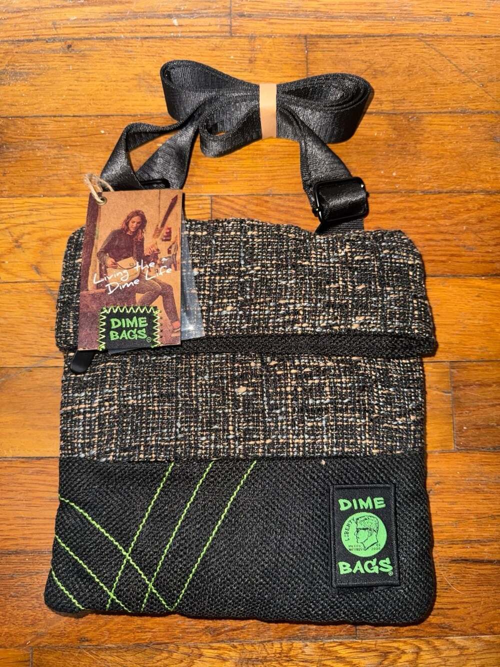 Dime Bags Crossbody Bag Fold-Over Satchel Black Tweed